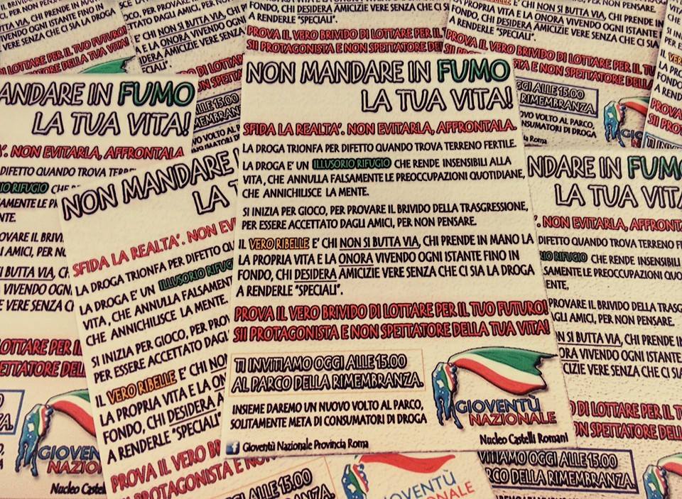 Gioventù Nazionale agli studenti del Foscolo “Non mandate in fumo la vita” volantino