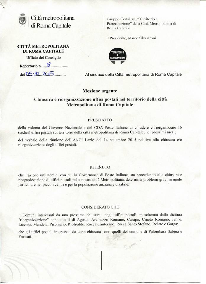 mozione_silvestroni_contro_chiusura_uffici_postali_territorio_citta_metropolitana_roma