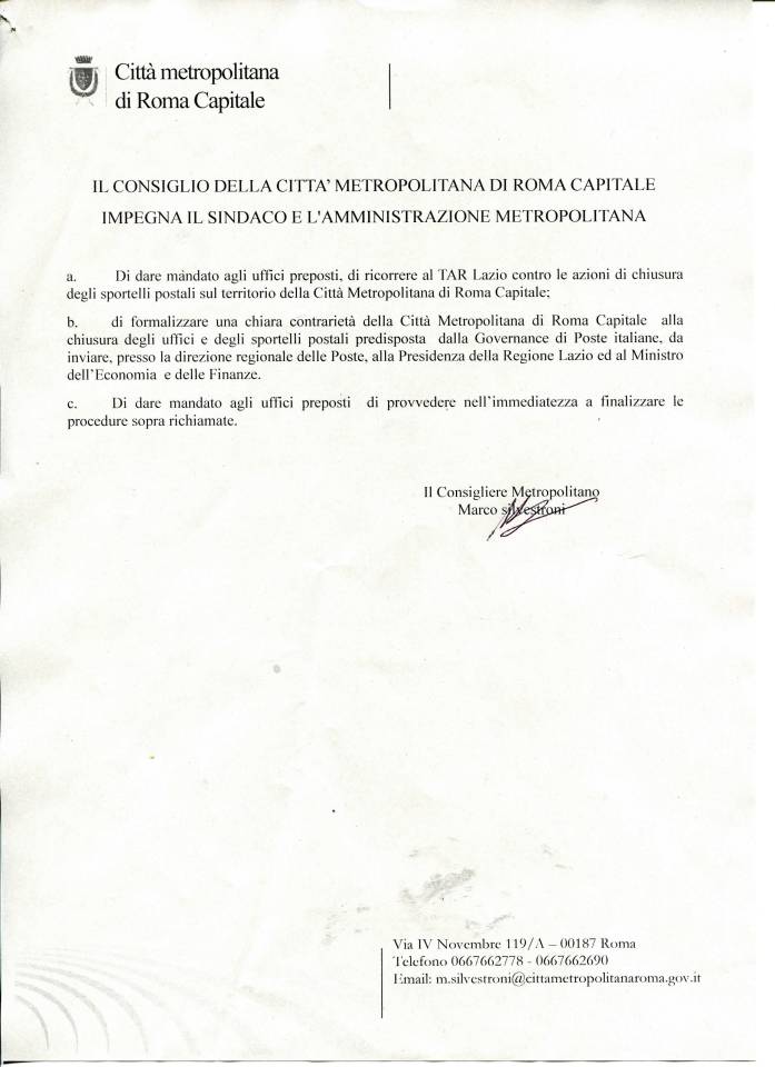 mozione_silvestroni_contro_chiusura_uffici_postali_territorio_citta_metropolitana_roma
