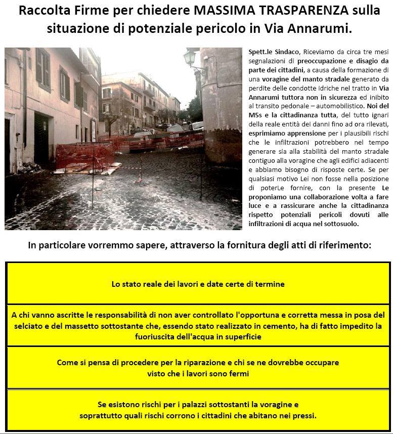 M5S Genzano in piazza “per la pericolosa situazione di via Annarumi e via Guidobaldi” gazebofebbraiom5sgenzano
