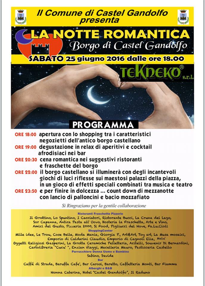 Sabato 25 giugno Notte Romantica a Castel Gandolfo