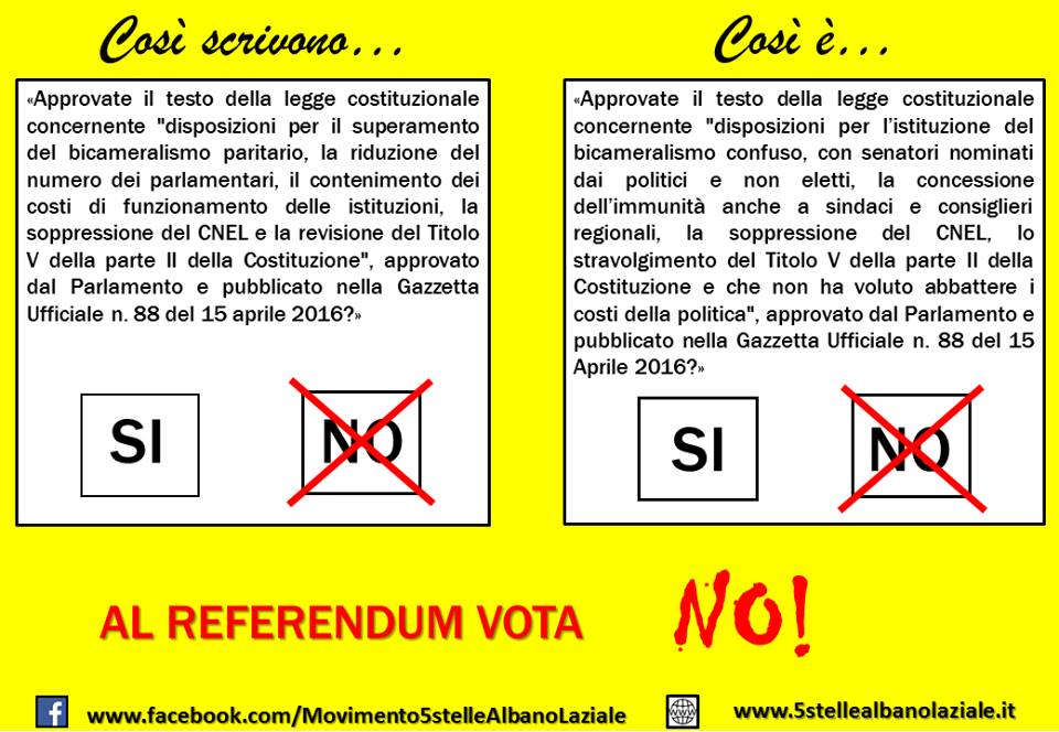 Referendum, Cittadini per il M5s Albano dicono no referendum