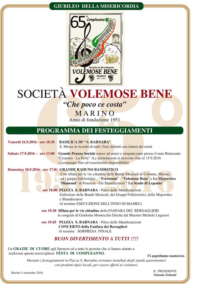 Marino, la Volemose Bene festeggia 65 anni volemosebene2016