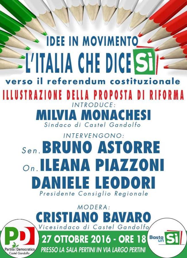 Referendum, iniziativa per il si di Castel Gandolfo giovedì 27 ottobre sireferendumcastelgandolfo