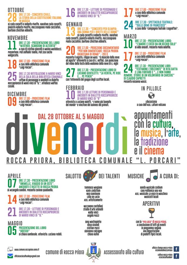 Rocca Priora, tornano gli appuntamenti con la cultura con DiVenerdì divenerdi