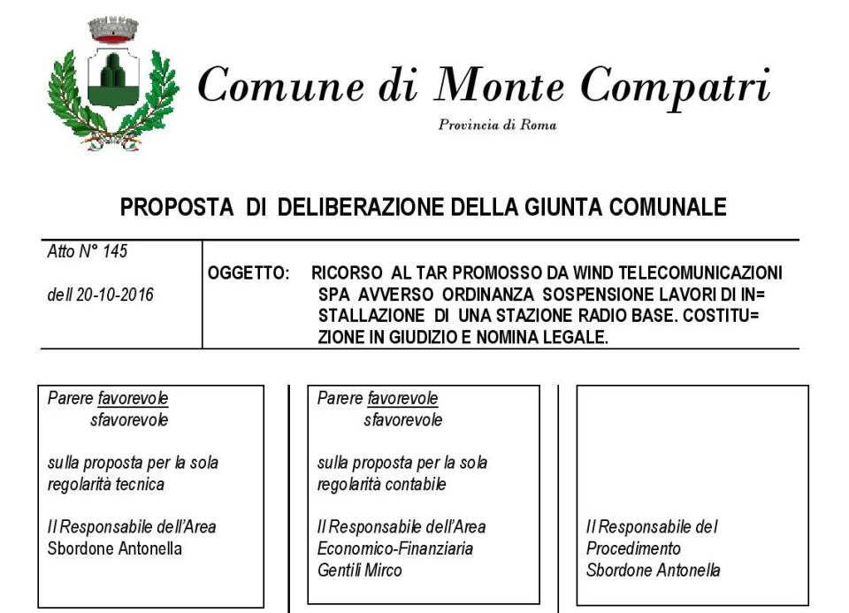 Antenna via Pallotta, Comune Monte Compatri contro la Wind ricorso_tar_wind