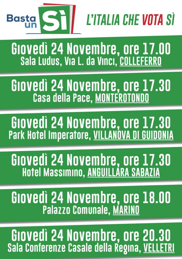 24 Novembre, tutti gli appuntamenti di Basta un Sì – in provincia di Roma bastaunsi24nov