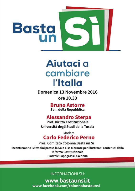 A Colonna incontro per il si al referendum costituzionale manifesto