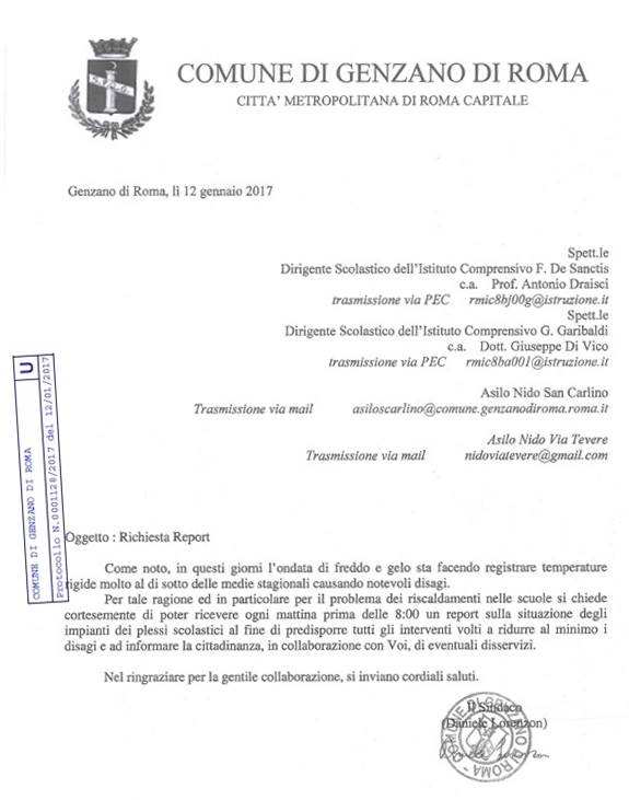 #emergenzafreddo, gli interventi sul riscaldamento nelle scuole di Genzano letteradirigenti120117