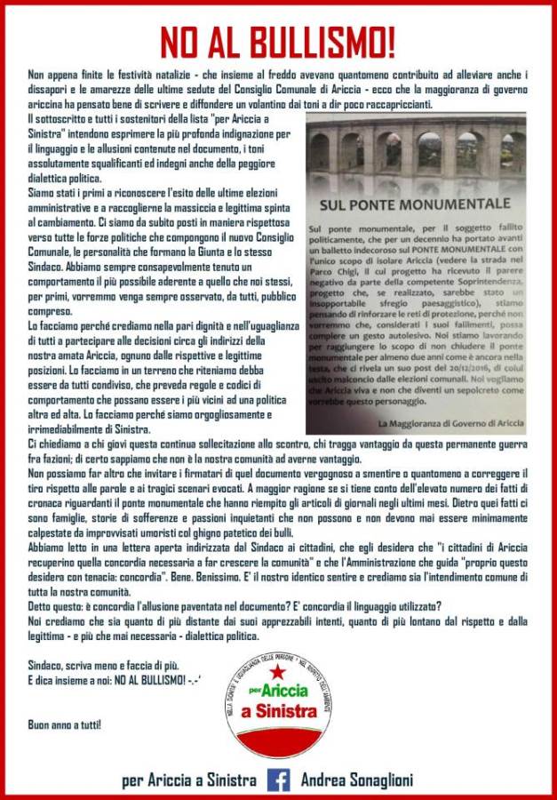 Sonaglioni, “Per Ariccia a Sinistra dice No al Bullismo” noalbullismo