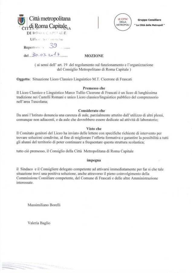 Borelli, “raccogliamo l’appello del Cicerone di Frascati” mozione