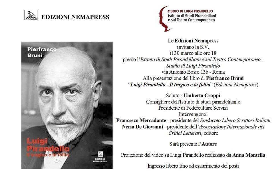 A Roma la presentazione del libro “Luigi Pirandello, il tragico e la follia” locandina