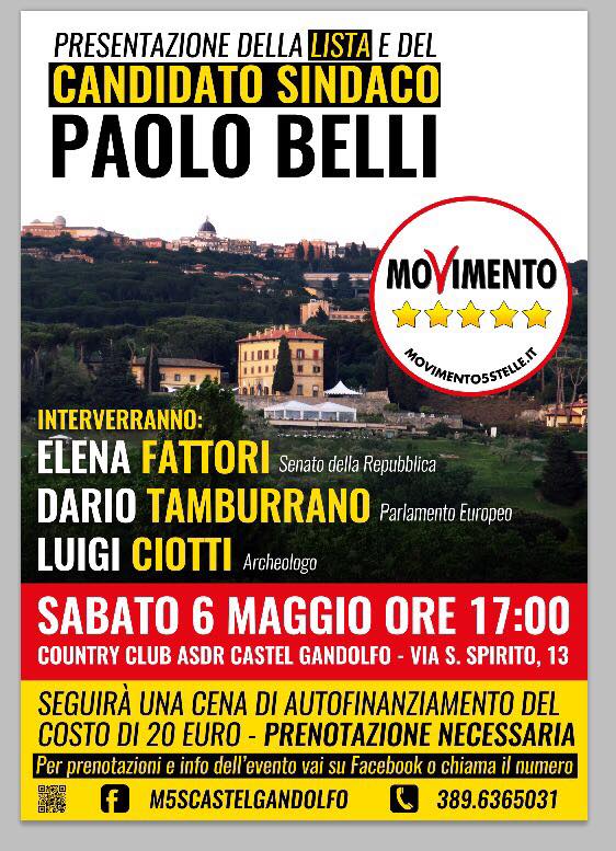 M5S Castel Gandolfo, presentazione del candidato sindaco Paolo Belli bellim5scastello