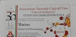 Calici di solidarietà 2017, attestato al Comune di Marino attestato