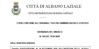 Albano Laziale, inizio attività didattica il 24 settembre ordinanza