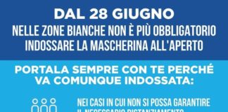 Zone bianche, mascherina all’aperto non più obbligatoria dal 28 Giugno