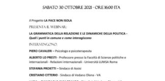 Sabato 30 ottobre alle ore 16 webinar “La grammatica della relazione e le dinamiche della politica. Quali i punti in comune e come interagiscono?”