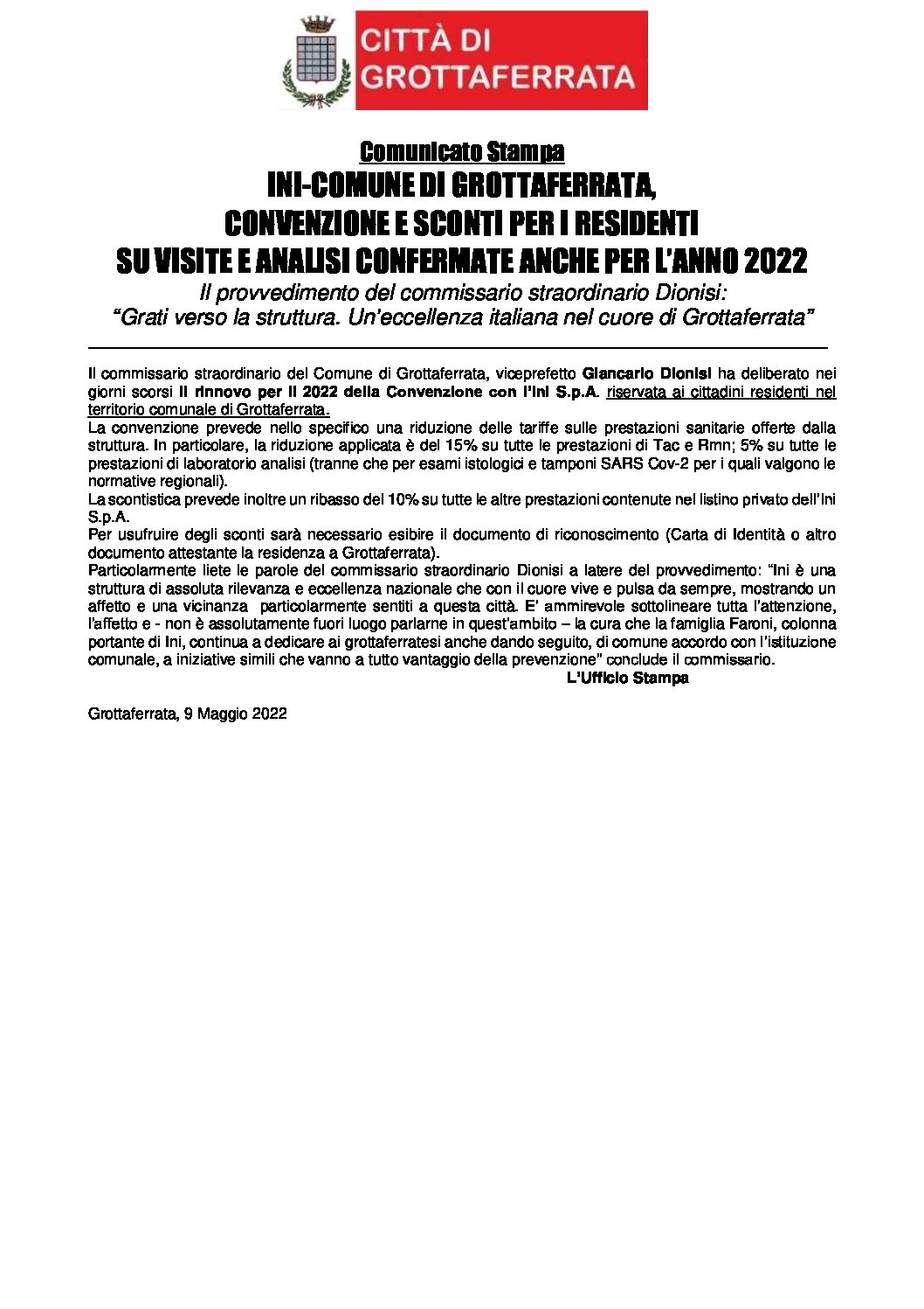 INI-COMUNE DI GROTTAFERRATA, CONVENZIONE E SCONTI PER I RESIDENTI