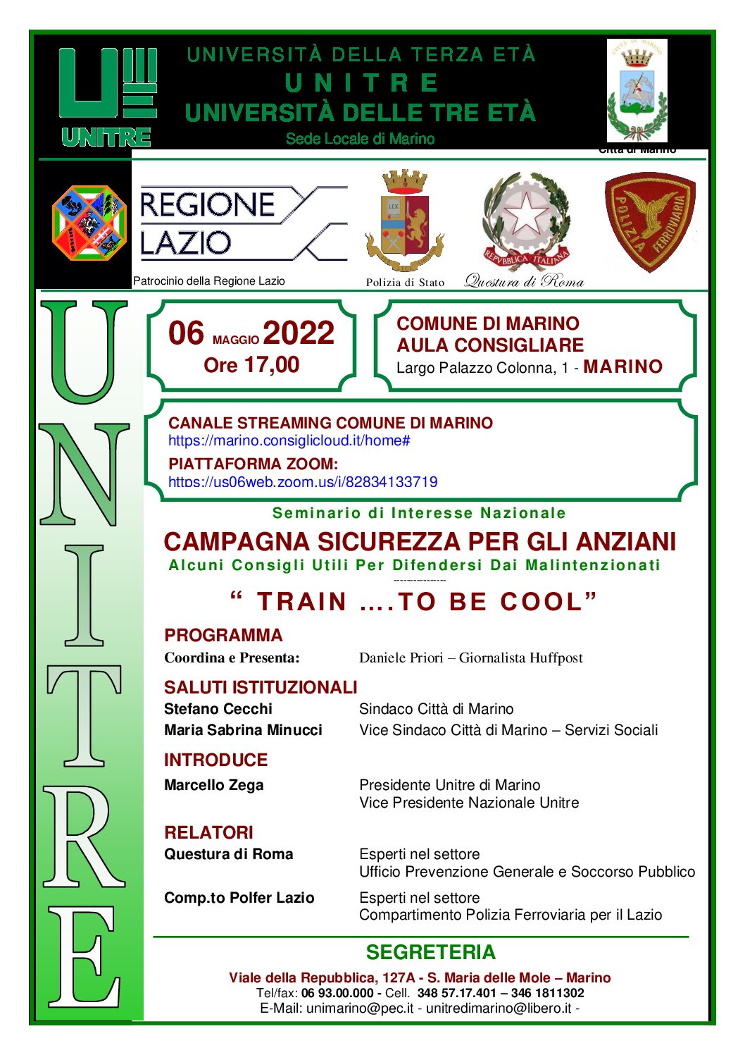 UNITRE E COMUNE DI MARINO UNITI PER DIFENDERE GLI ANZIANI DAI MALINTENZIONATI
