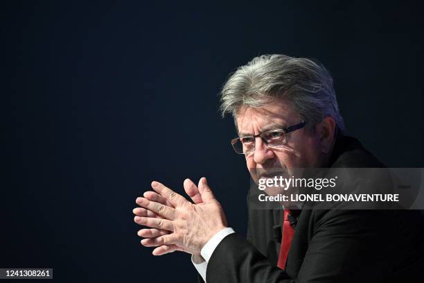 France's leftist La France Insoumise (LFI) party leader, Member of Parliament and leader of left-wing coalition Nupes (Nouvelle Union Populaire Ecologique et Sociale - New Ecologic and Social People's Union) Jean-Luc Melenchon delivers a speech as part of a campaign meeting in Toulouse, southwestern France, on June 14, 2022. (Photo by Lionel BONAVENTURE / AFP) (Photo by LIONEL BONAVENTURE/AFP via Getty Images) melanchon_getty