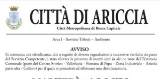 Ariccia, questa sera intervento di disinfestazione dalle ore 23.00 alle ore 05.00