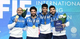 Frascati Scherma, ai mondiali le soddisfazioni arrivano dalle squadre: Bianchi oro, Errigo e Volpi di bronzo CHAMPIONSHIPS In photo:BIANCHI Guillaume FOCONI Alessio MACCHI Filippo MARINI Tommaso photo by Augusto Bizzi / FIE