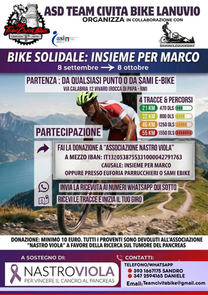 Scatta domani 'Bike Solidale: Insieme per Marco' a sostegno della ricerca sul tumore al pancreas